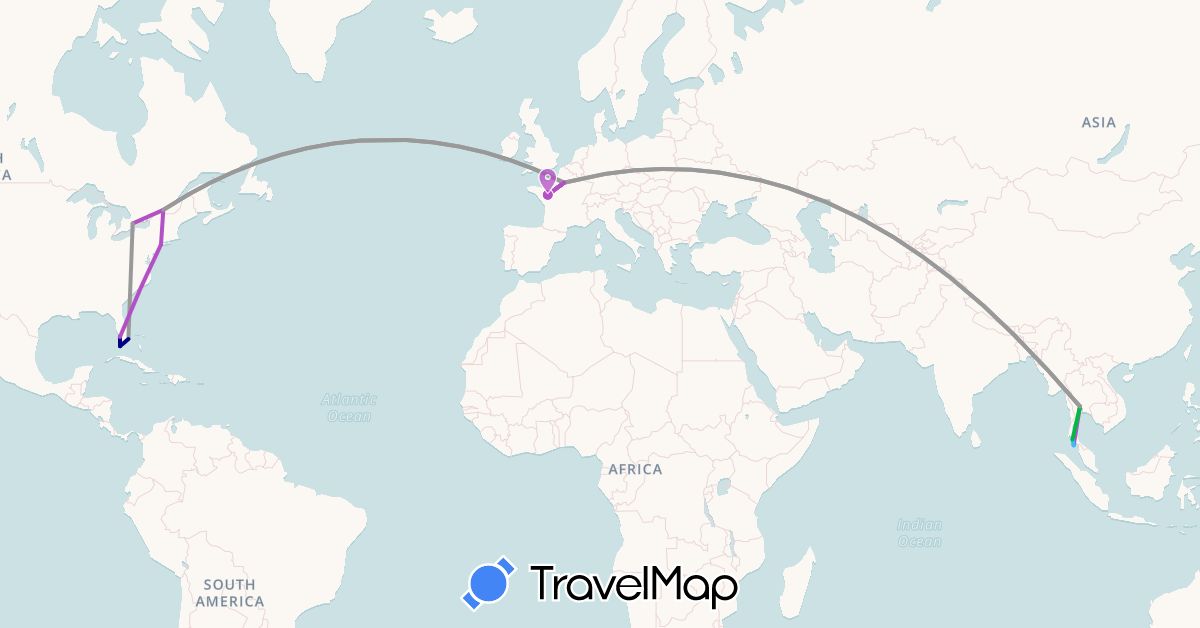 TravelMap itinerary: driving, bus, plane, train, boat in Canada, France, Thailand, United States (Asia, Europe, North America)